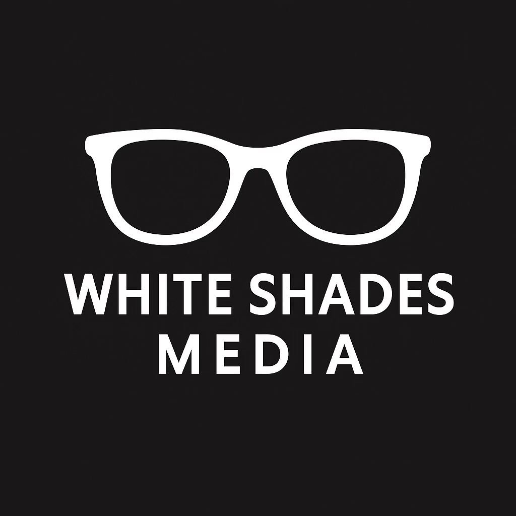 White Shades Media logo with white glasses icon and text on a dark background Title: White Shades Media logo