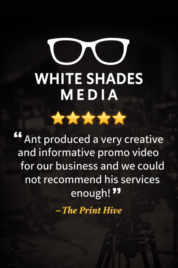 Five-star review graphic for White Shades Media from The Print Hive