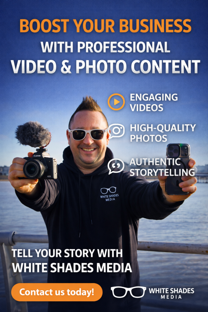 White Shades Media promo graphic promoting professional video and photo content to boost local business visibility