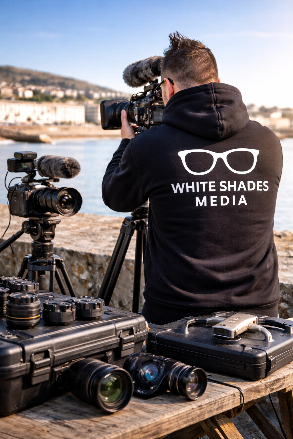 Professional videographer filming in Weston-super-Mare wearing White Shades Media branded hoodie