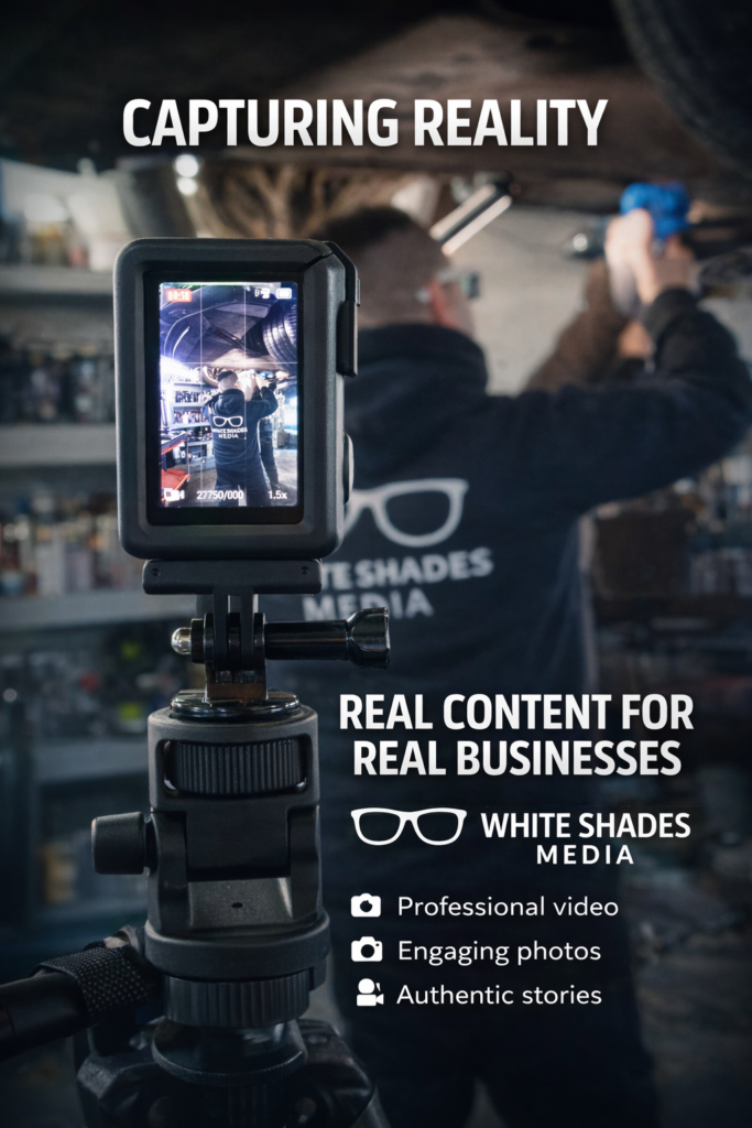 White Shades Media promo graphic showing behind-the-scenes filming in a garage with the text “Capturing Reality”
